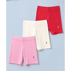 Pine Kids Cotton Blend Knit Solid Cycling Shorts with Chevron Embroidery Pack of 3 - Red White & Pink