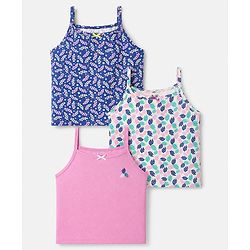Pine Kids Cotton Lycra Knit Solid Slips With Floral Print Pack of 3 - Pink Neavy Blue