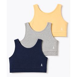 Pine Kids Cotton Lycra Knit Sleeveless Sports Bra with Brand Logo Print Assorted Pack of 3 - Yellow Grey & Blue