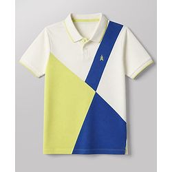 Pine Kids Cotton Knit Polo T-Shirt with Half Sleeves and Color Block Pattern in Off White