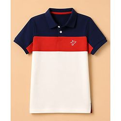 Pine Kids 100% Cotton Knit Half Sleeves Polo T-Shirts with Shark Embroidery Color Block - Navy Blue