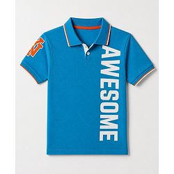 Pine Kids Cotton Knit Polo T-Shirt with Half Sleeves and Awesome Text Print - Blue