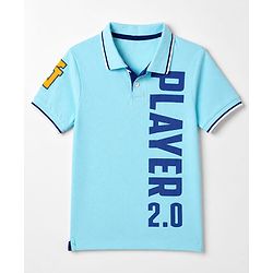 Pine Kids Cotton Knit Polo T-Shirt with Half Sleeves and Player 2.0 Text Print - Blue