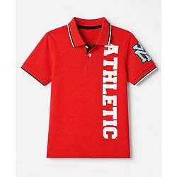 Pine Kids Cotton Knit Polo T-Shirt with Half Sleeves and Athletic Text Print - Red