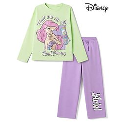 Pine Kids Disney 100% Cotton Single Jersey Knit Full Sleeves T-Shirt & Pajama Night Suit with Call Me on My Shell Phone Text & Ariel Graphic Print - Light Green, Purple