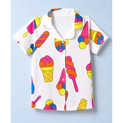 Pine Kids Cotton Knit Half Sleeves Co-Ords Shirt & Capri Night Suit with Ice-Cream Print - White