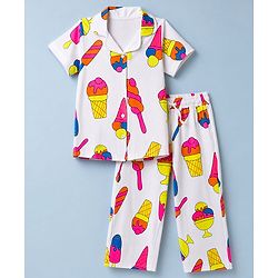 Pine Kids Cotton Knit Half Sleeves Co-Ords Shirt & Capri Night Suit with Ice-Cream Print - White