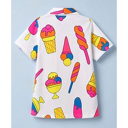 Pine Kids Cotton Knit Half Sleeves Co-Ords Shirt & Capri Night Suit with Ice-Cream Print - White