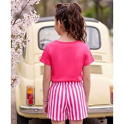 Pine Kids Cotton Knit Half Sleeves T-Shirt & Striped Shorts Night Suit With Text Print - Pink