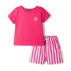 Pine Kids Cotton Knit Half Sleeves T-Shirt & Striped Shorts Night Suit With Text Print - Pink