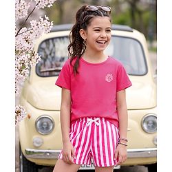 Pine Kids Cotton Knit Half Sleeves T-Shirt & Striped Shorts Night Suit With Text Print - Pink