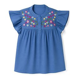 Pine Kids Woven Half Frill Sleeves Floral Embroidered Top - Blue
