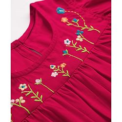 Pine Kids Woven Half Flutter Sleeves Floral Embroidered Top - Red