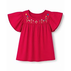 Pine Kids Woven Half Flutter Sleeves Floral Embroidered Top - Red