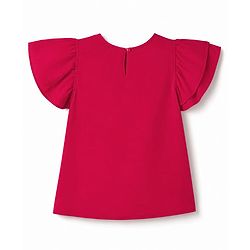 Pine Kids Woven Half Flutter Sleeves Floral Embroidered Top - Red