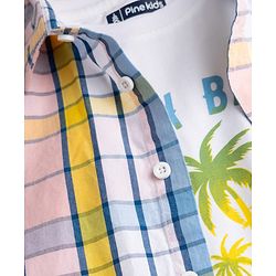 Pine Kids Cotton Woven Half Sleeves Checks Shirts and T-Shirt with Enjoy Beach Paradise Print - Pink