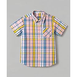 Pine Kids Cotton Woven Half Sleeves Checks Shirts and T-Shirt with Enjoy Beach Paradise Print - Pink