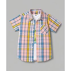 Pine Kids Cotton Woven Half Sleeves Checks Shirts and T-Shirt with Enjoy Beach Paradise Print - Pink