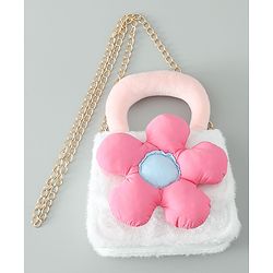 Pine Kids Free Size Sling Bag with Floral Applique and Fur Detailing - White