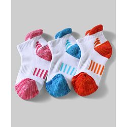 Pine Active Cotton Lycra Knit Terry Breathable Ankle Length Athletic Socks Pack of 3 - White, Red & Light Blue