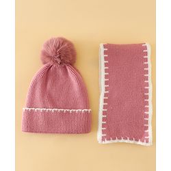 Pine Kids Solid Woollen Cap & Muffler Pink-Diameter 19 cm