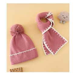 Pine Kids Solid Woollen Cap & Muffler Pink-Diameter 19 cm
