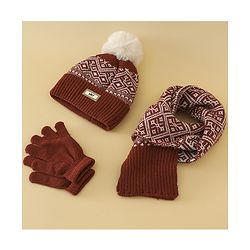 Pine Kids Woollen Cap Gloves & Muffler With Geometric Design in Brown- Diameter 18 cm