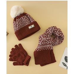 Pine Kids Woollen Cap Gloves & Muffler With Geometric Design in Brown- Diameter 18 cm