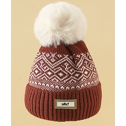 Pine Kids Woollen Cap Gloves & Muffler With Geometric Design in Brown- Diameter 18 cm