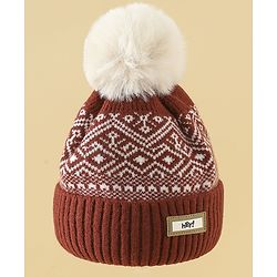 Pine Kids Woollen Cap Gloves & Muffler With Geometric Design in Brown- Diameter 18 cm