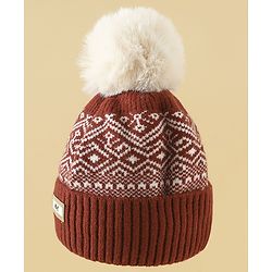Pine Kids Woollen Cap Gloves & Muffler With Geometric Design in Brown- Diameter 18 cm