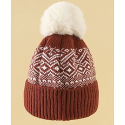 Pine Kids Woollen Cap Gloves & Muffler With Geometric Design in Brown- Diameter 18 cm