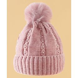 Pine Kids Woollen Cap with Pom Pom & Pearls in Pink - Diameter 18.5 cm
