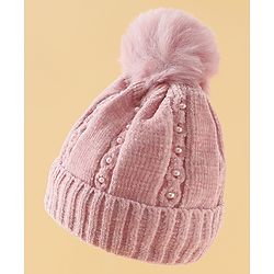 Pine Kids Woollen Cap with Pom Pom & Pearls in Pink - Diameter 18.5 cm