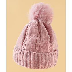 Pine Kids Woollen Cap with Pom Pom & Pearls in Pink - Diameter 18.5 cm
