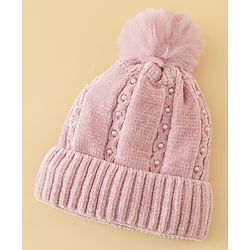 Pine Kids Woollen Cap with Pom Pom & Pearls in Pink - Diameter 18.5 cm