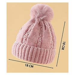 Pine Kids Woollen Cap with Pom Pom & Pearls in Pink - Diameter 18.5 cm