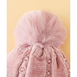 Pine Kids Woollen Cap with Pom Pom & Pearls in Pink - Diameter 18.5 cm