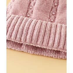 Pine Kids Woollen Cap with Pom Pom & Pearls in Pink - Diameter 18.5 cm