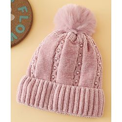 Pine Kids Woollen Cap with Pom Pom & Pearls in Pink - Diameter 18.5 cm