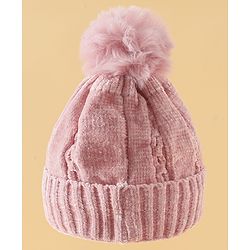 Pine Kids Woollen Cap with Pom Pom & Pearls in Pink - Diameter 18.5 cm