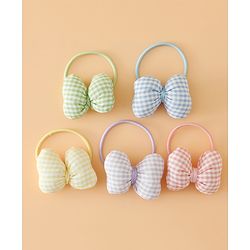 Pine kids Hair Rubber Bands Free Size With Bow Applique With Checks Design Pack Of 5 - Green , Blue & Pink