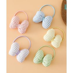 Pine kids Hair Rubber Bands Free Size With Bow Applique With Checks Design Pack Of 5 - Green , Blue & Pink