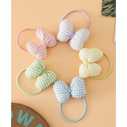 Pine kids Hair Rubber Bands Free Size With Bow Applique With Checks Design Pack Of 5 - Green , Blue & Pink