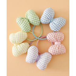 Pine kids Hair Rubber Bands Free Size With Bow Applique With Checks Design Pack Of 5 - Green , Blue & Pink
