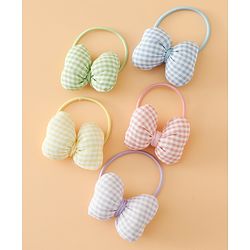 Pine kids Hair Rubber Bands Free Size With Bow Applique With Checks Design Pack Of 5 - Green , Blue & Pink