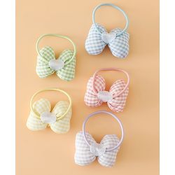 Pine kids Hair Rubber Bands Free Size With Bow Applique With Checks Design Pack Of 5 - Green , Blue & Pink