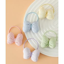 Pine kids Hair Rubber Bands Free Size With Bow Applique With Checks Design Pack Of 5 - Green , Blue & Pink