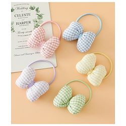 Pine kids Hair Rubber Bands Free Size With Bow Applique With Checks Design Pack Of 5 - Green , Blue & Pink