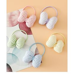 Pine kids Hair Rubber Bands Free Size With Bow Applique With Checks Design Pack Of 5 - Green , Blue & Pink